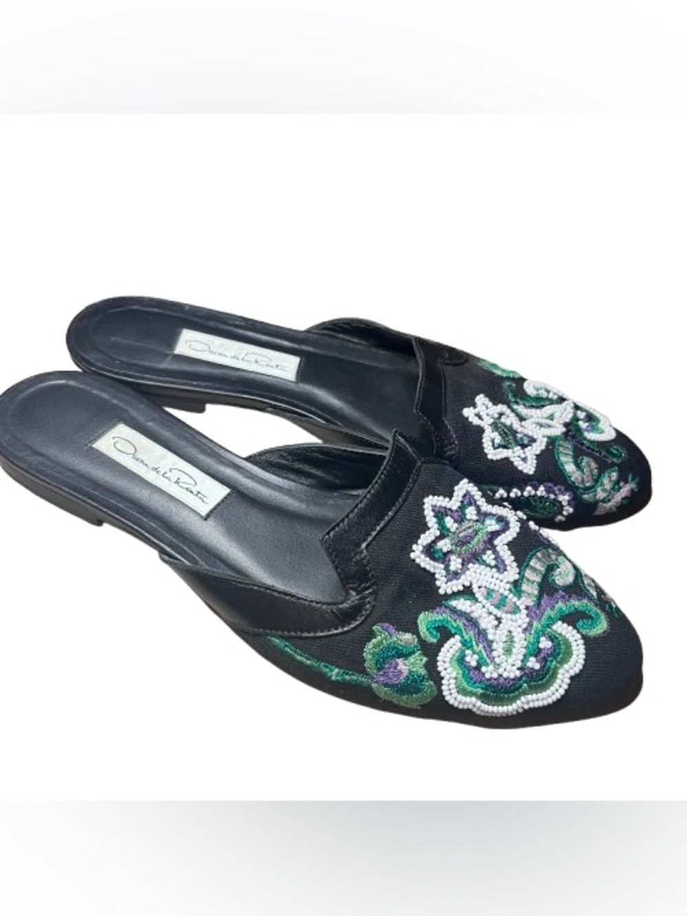 AUTHENTIC Oscar de la Renta Beaded Embroidered Flat Mules (37.5) VGUC